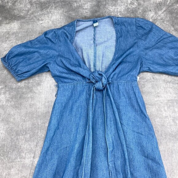 Old Navy Dress Women Small Blue Bow Midi Peasant Boho Chambray‎ Cotton NWT - Picture 2 of 14